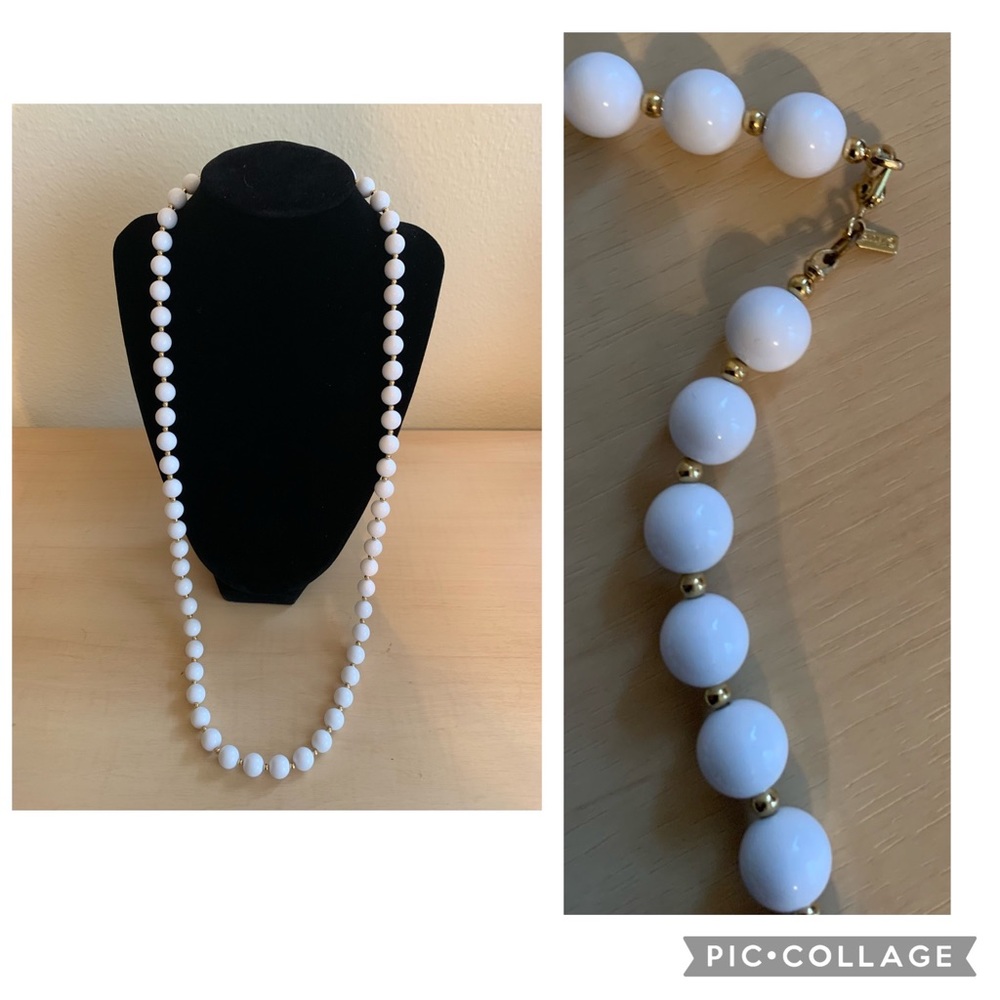 Vintage Monet White And Goldtone Necklace-White Beads And Gold